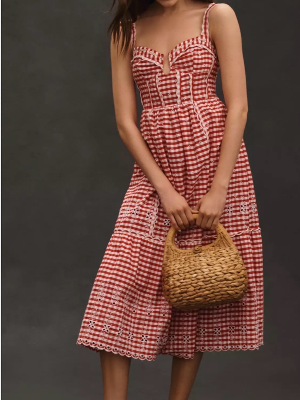 Anthropologie Red Gingham Sundress with Eyelet Trim
